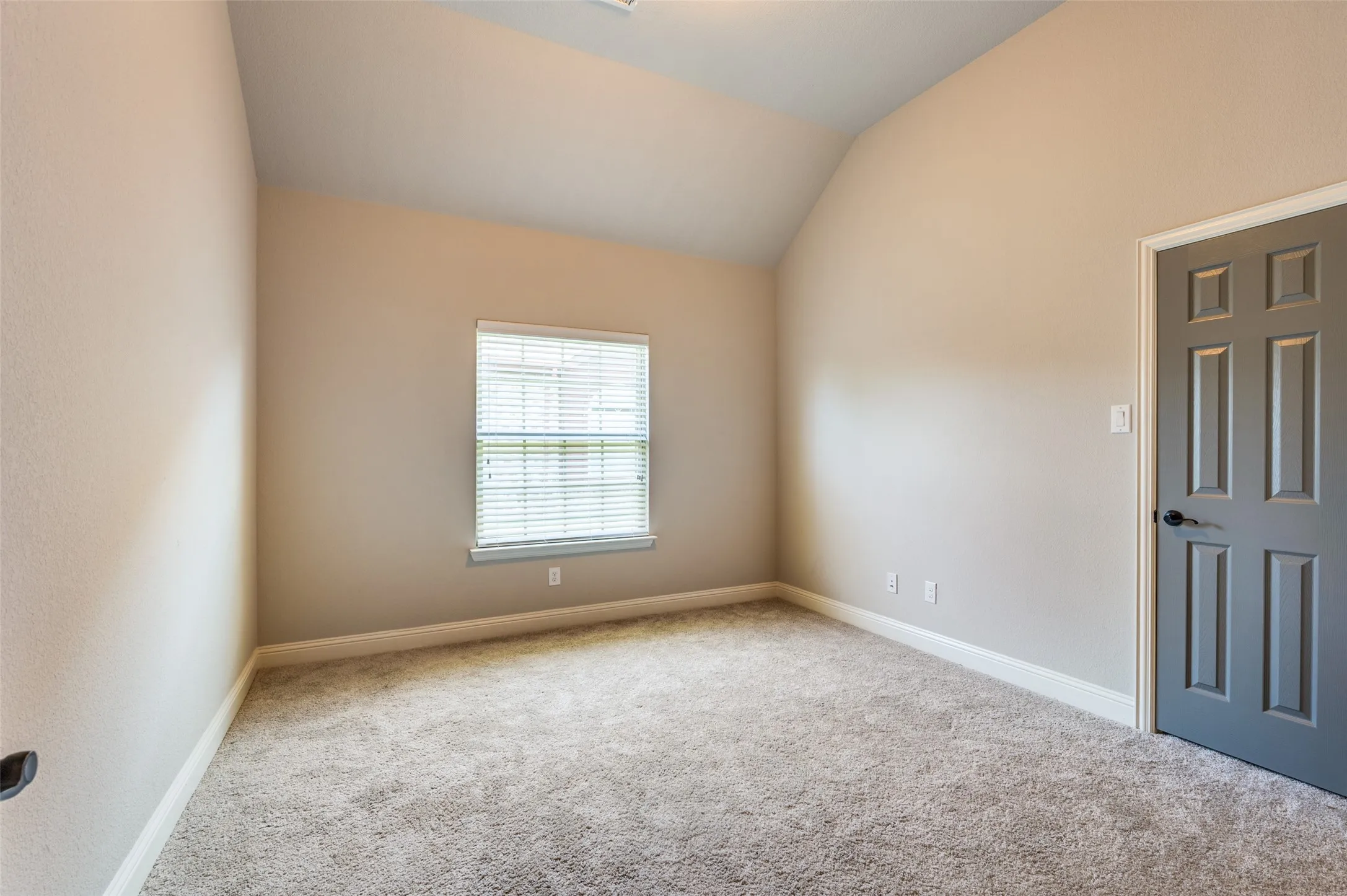 Vaulted ceiling, neutral wall paint, gray paneled door, black door hardware, and carpet flooring