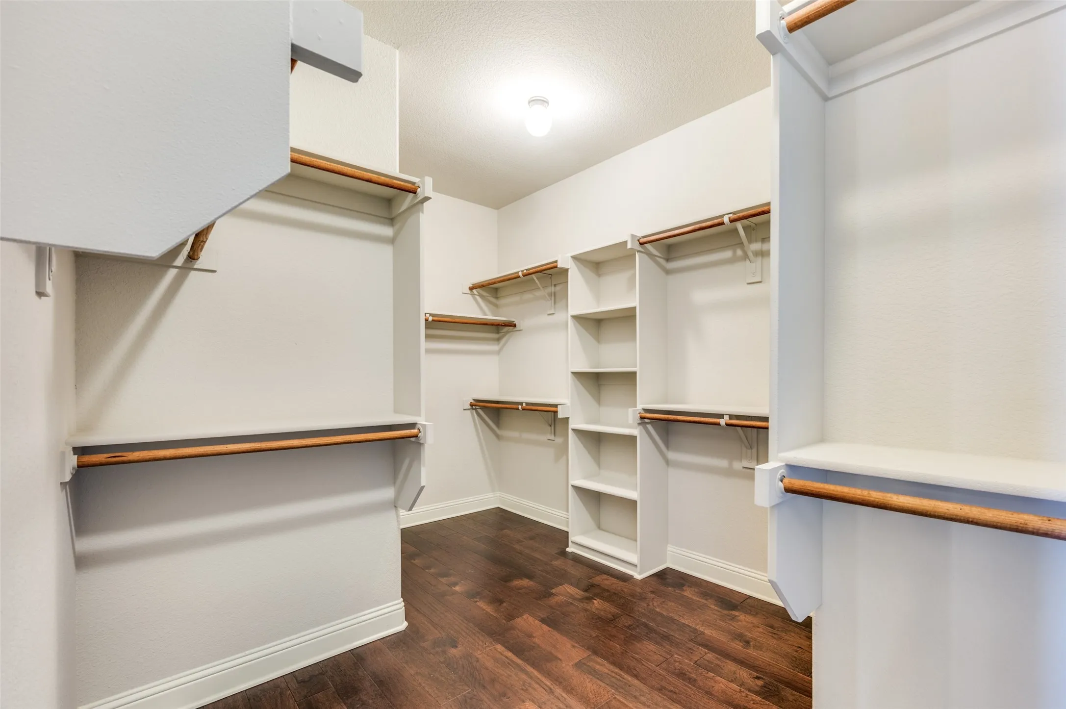 Walk-in closet with ample storage, built-in shelving, wood-finish flooring, and white trim