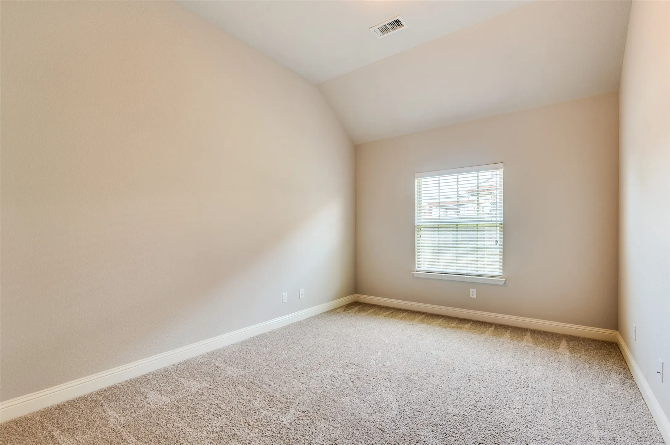 Carpeted room featuring a single window with blinds and vaulted ceilings