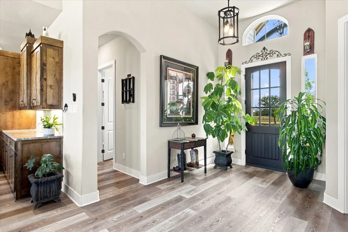 Wood-finish flooring, an arched entryway, a dark-paneled front door with divided lites, and a wrought-iron light fixture
