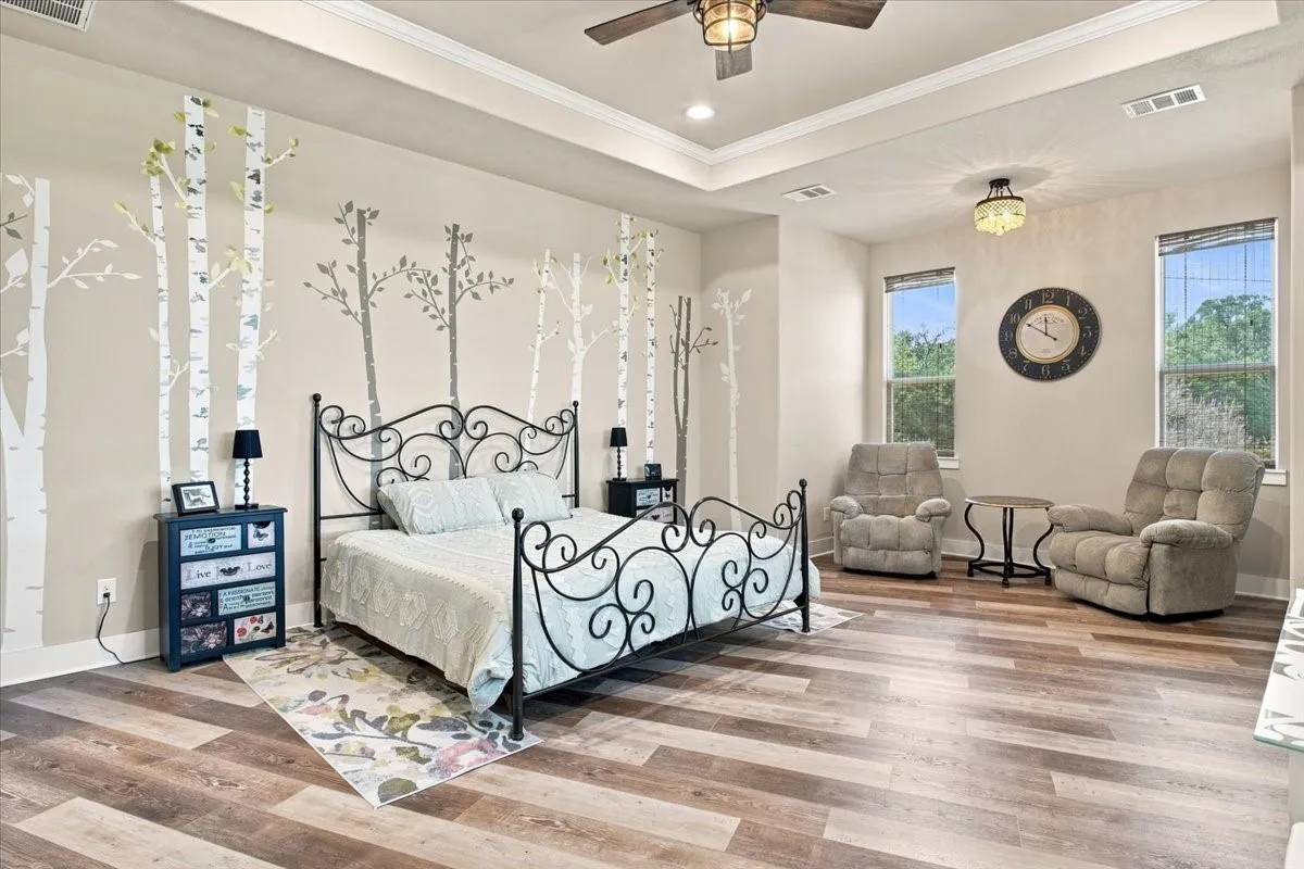Tray ceiling with recessed lighting and a ceiling fan