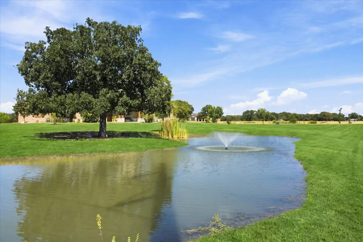 Expansive green lawn surrounding a tranquil pond with a central water feature, bordered by mature trees