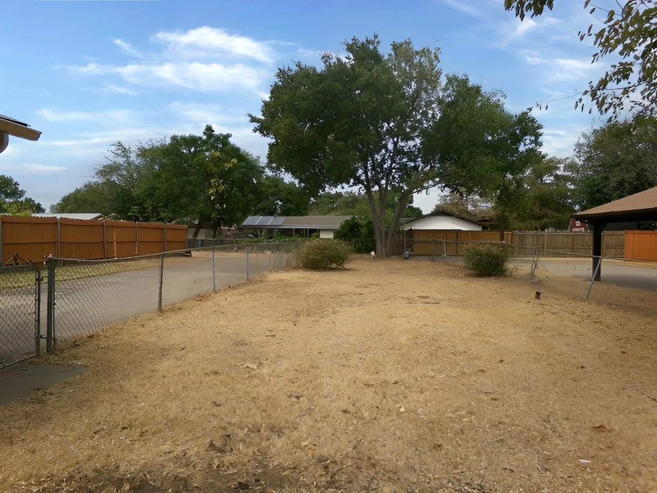 Expansive outdoor space featuring a chain-link fence, mature trees, and a wooden privacy fence in the background
