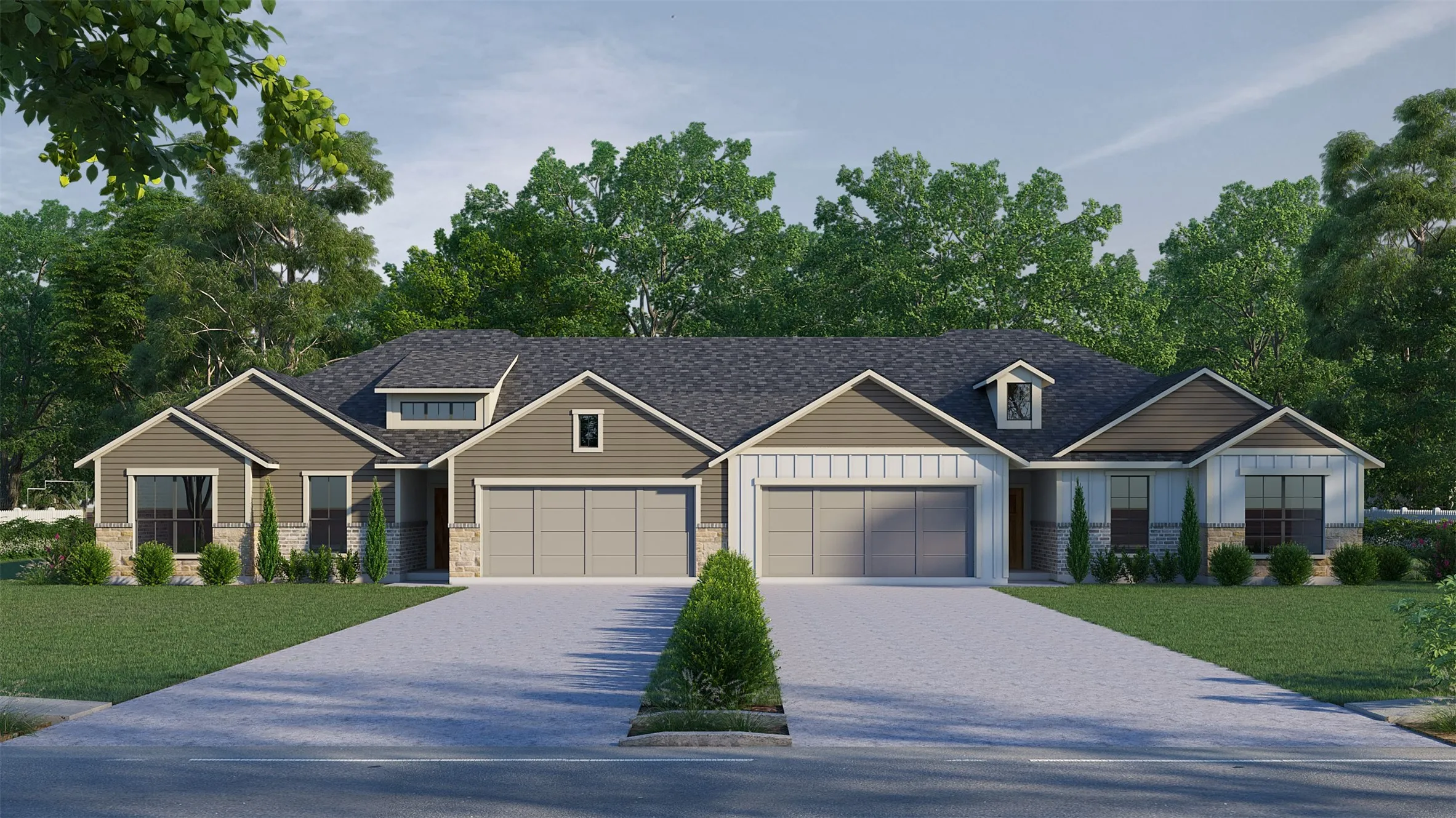 Duplex residence featuring a stone and siding exterior, individual two-car garages, and a neatly landscaped front yard