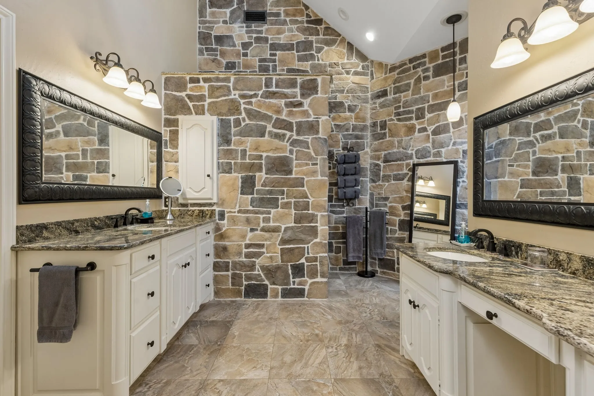 Double sink and vanities and walk-in shower