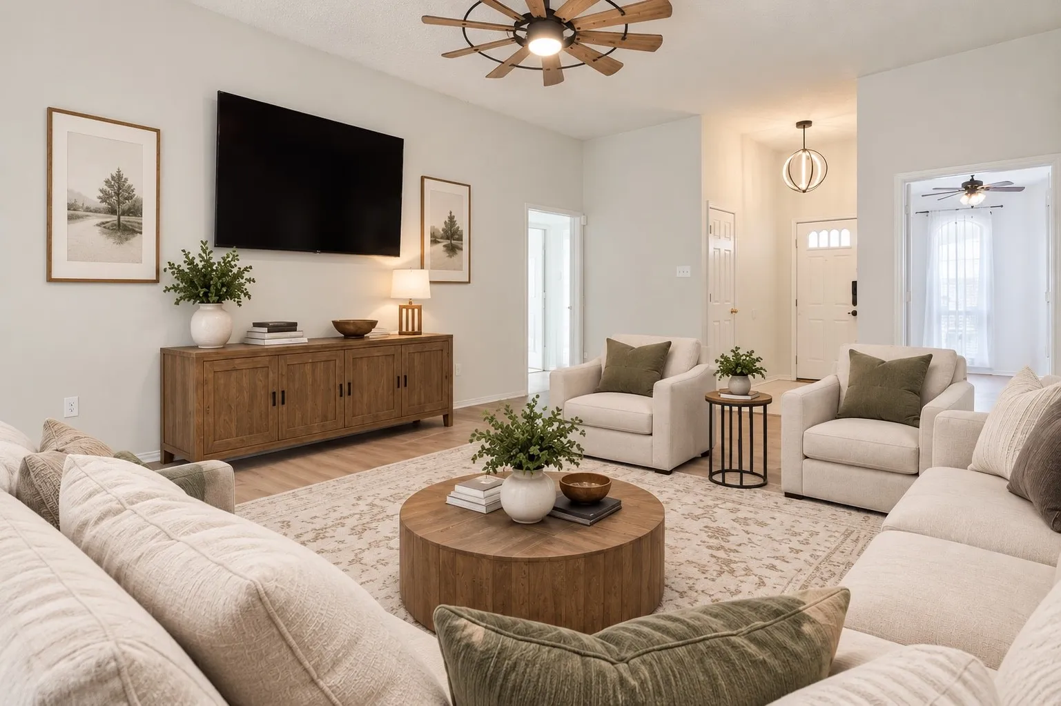 Open-concept living area featuring a ceiling fan, light wood-finish flooring, and recessed lighting