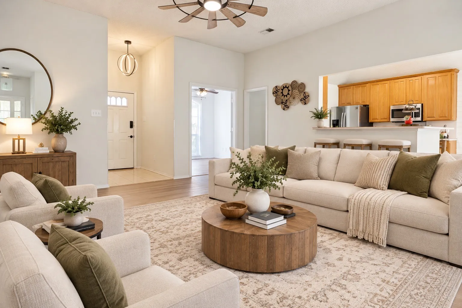 Vaulted ceilings and wood-finish flooring