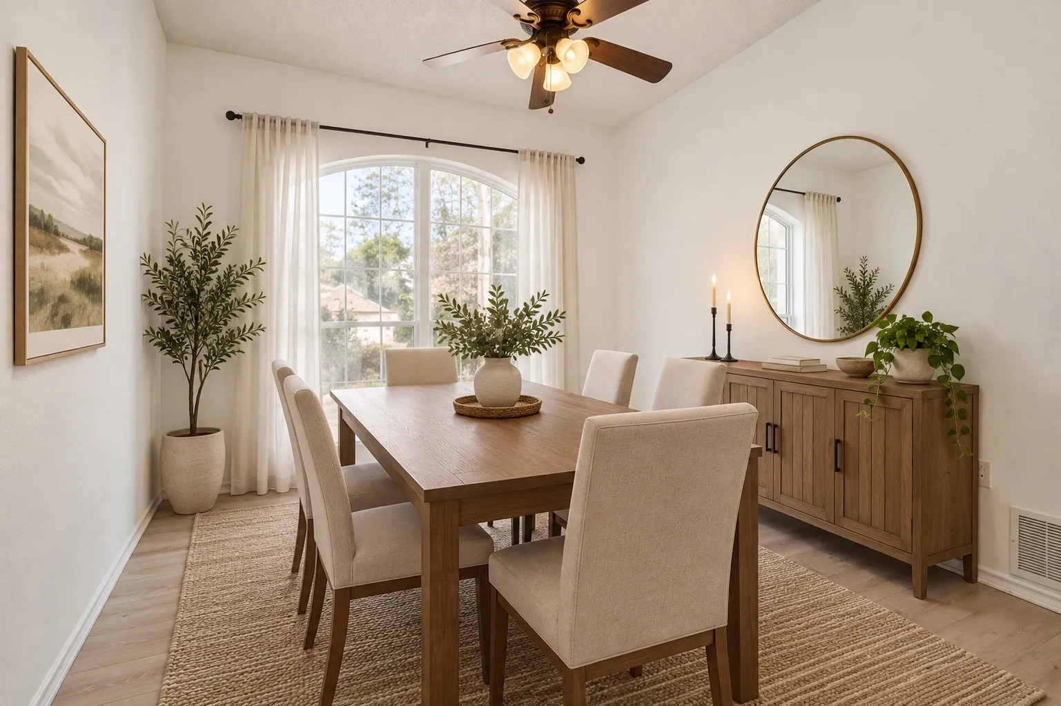Dining space featuring wood-finish flooring, a large arched window with natural light, and a ceiling fan with integrated lighting