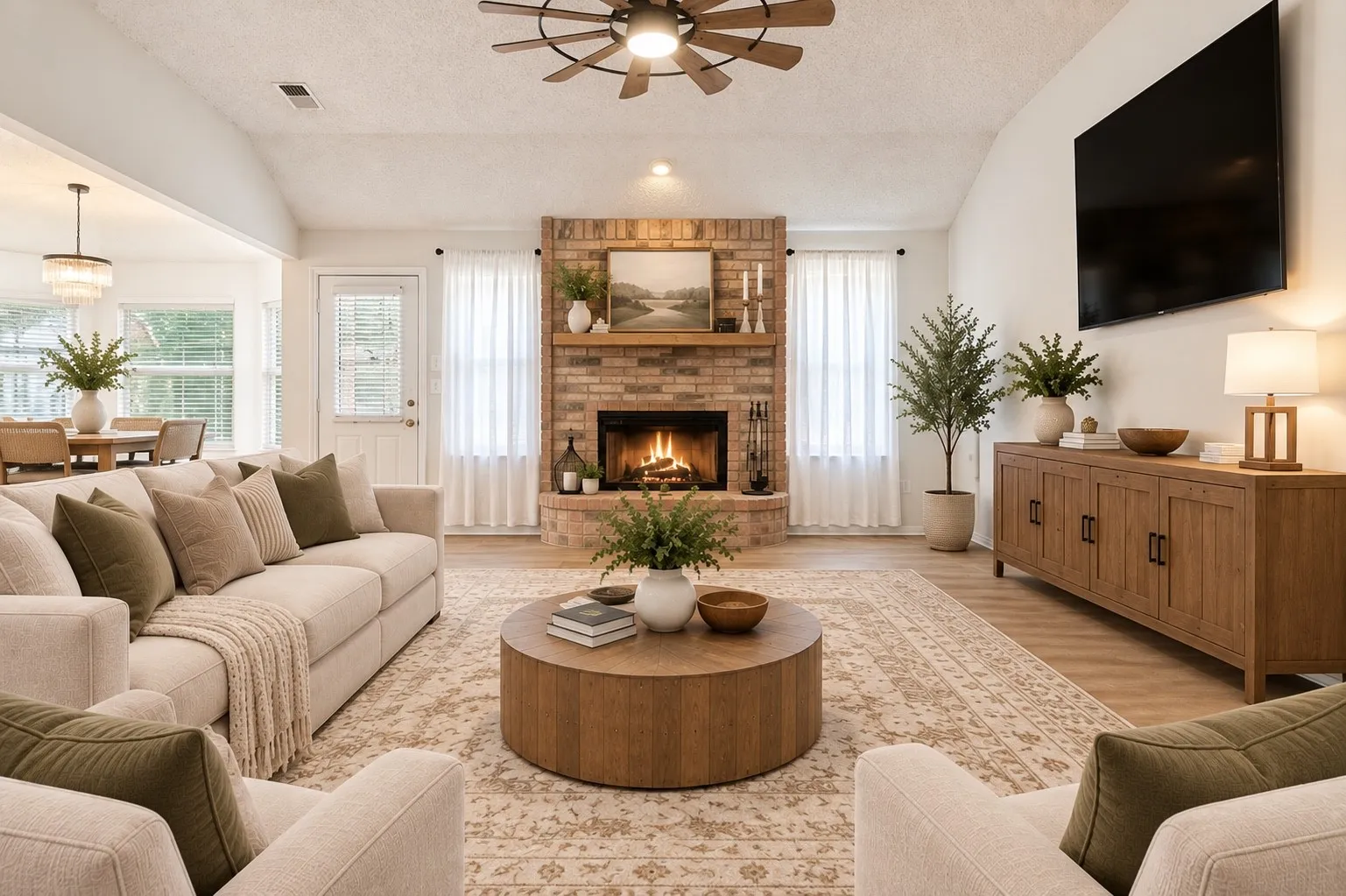 Vaulted ceiling with a ceiling fan, brick fireplace, wood-finish flooring, and white walls