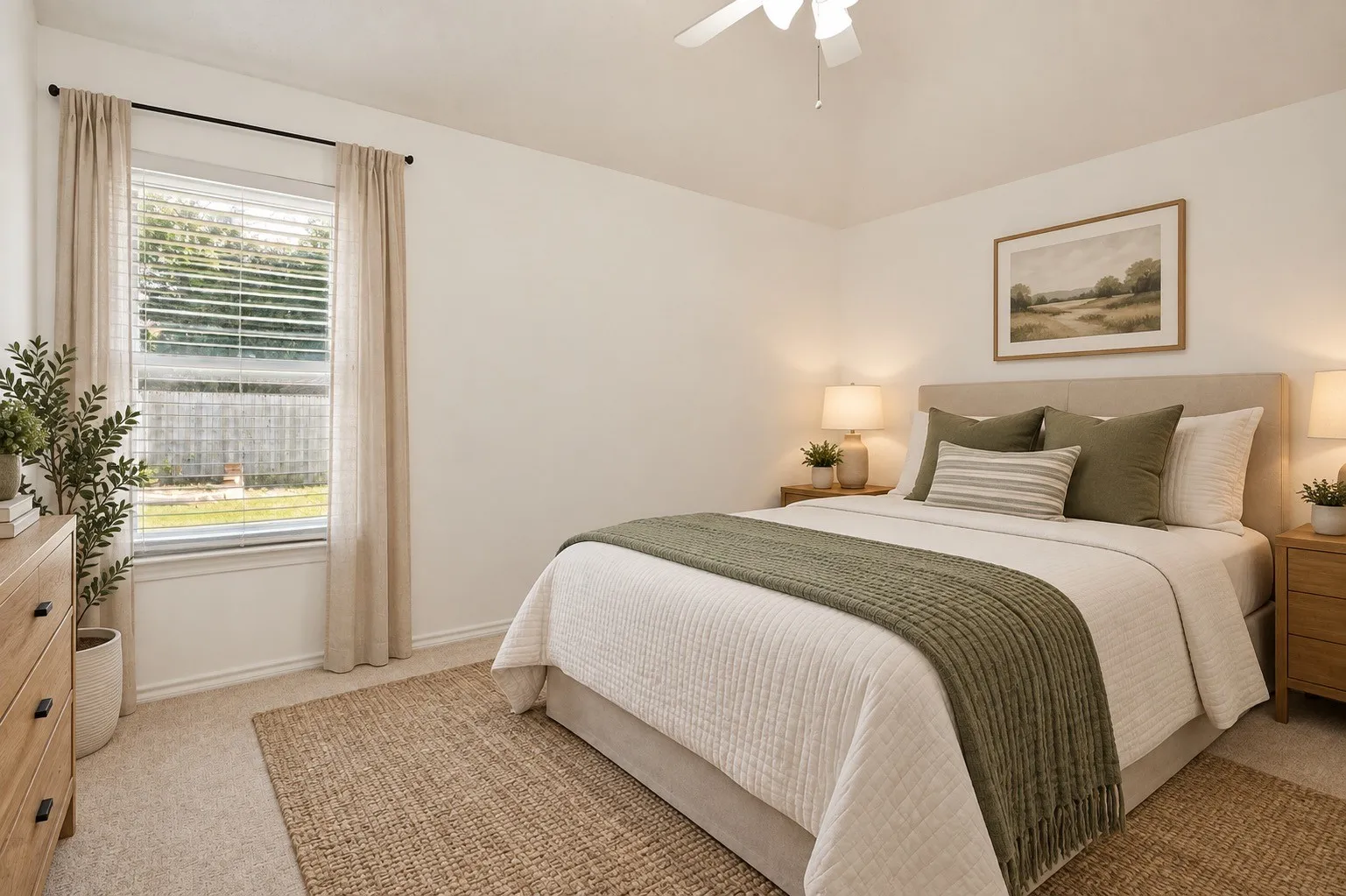 Vaulted ceiling with a ceiling fan, window with blinds, and neutral carpet