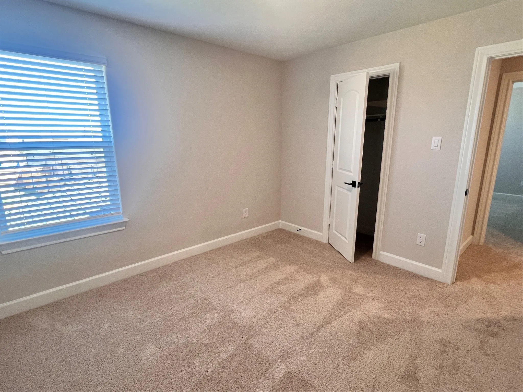 Neutral-toned carpeting, white window blinds, and a white interior door with matte black hardware