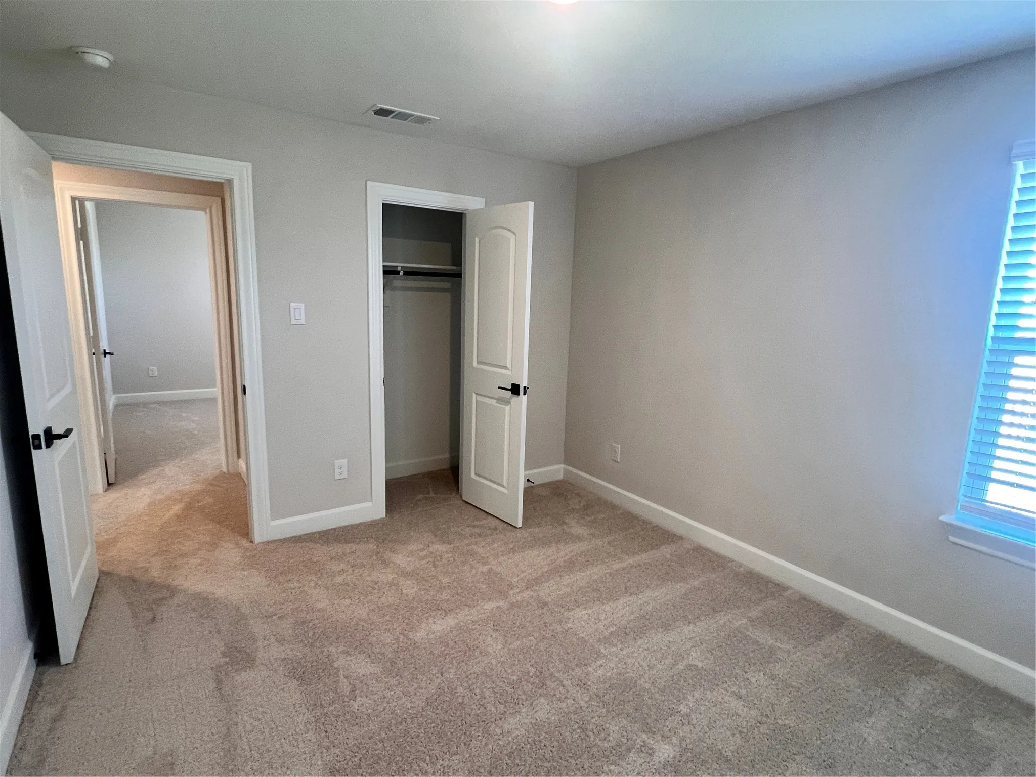 Carpeted room with a window featuring blinds, a built-in closet with a hanging rod, and two panel doors