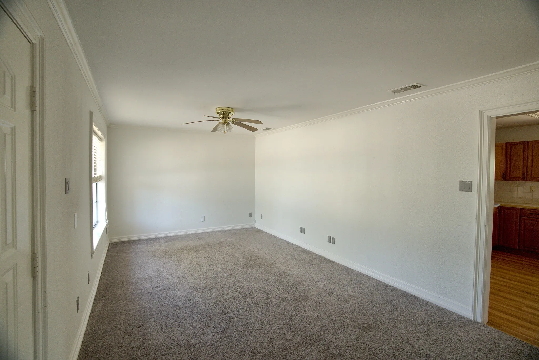 Spacious room with plush carpeting, a ceiling fan, and crown molding
