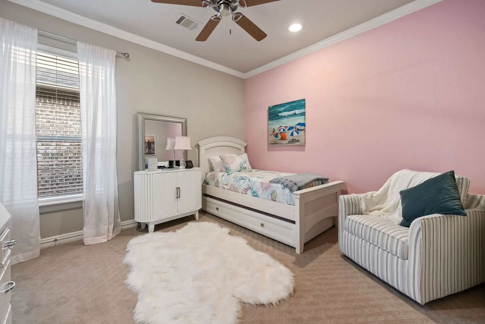 Carpeted room featuring a ceiling fan with light, recessed lighting, and crown molding