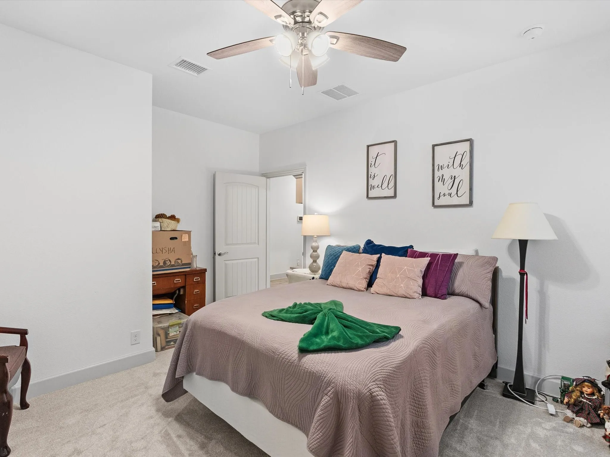 Neutral-toned walls with carpet flooring