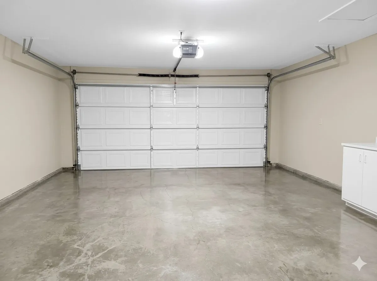 Two-car garage with an automatic overhead door, concrete flooring, and built-in white cabinetry