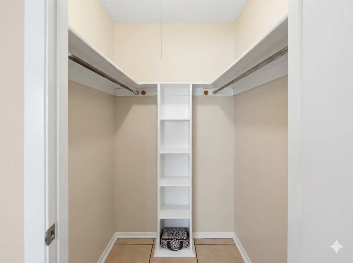 Built-in shelving unit, dual hanging rods, light neutral wall color, and tile flooring