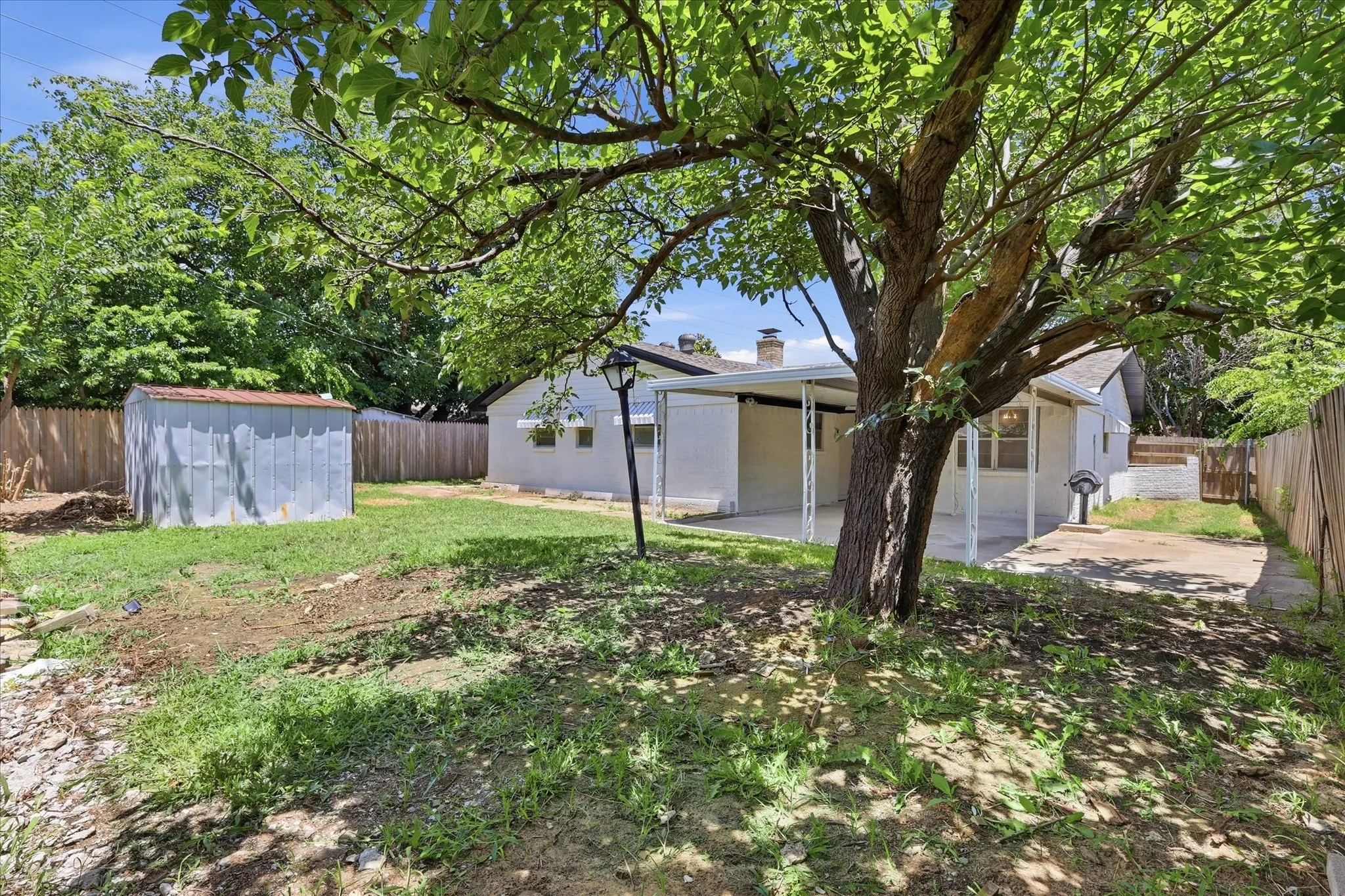 Mature shade tree anchoring a spacious backyard with a covered patio, a utility shed, and partial fencing