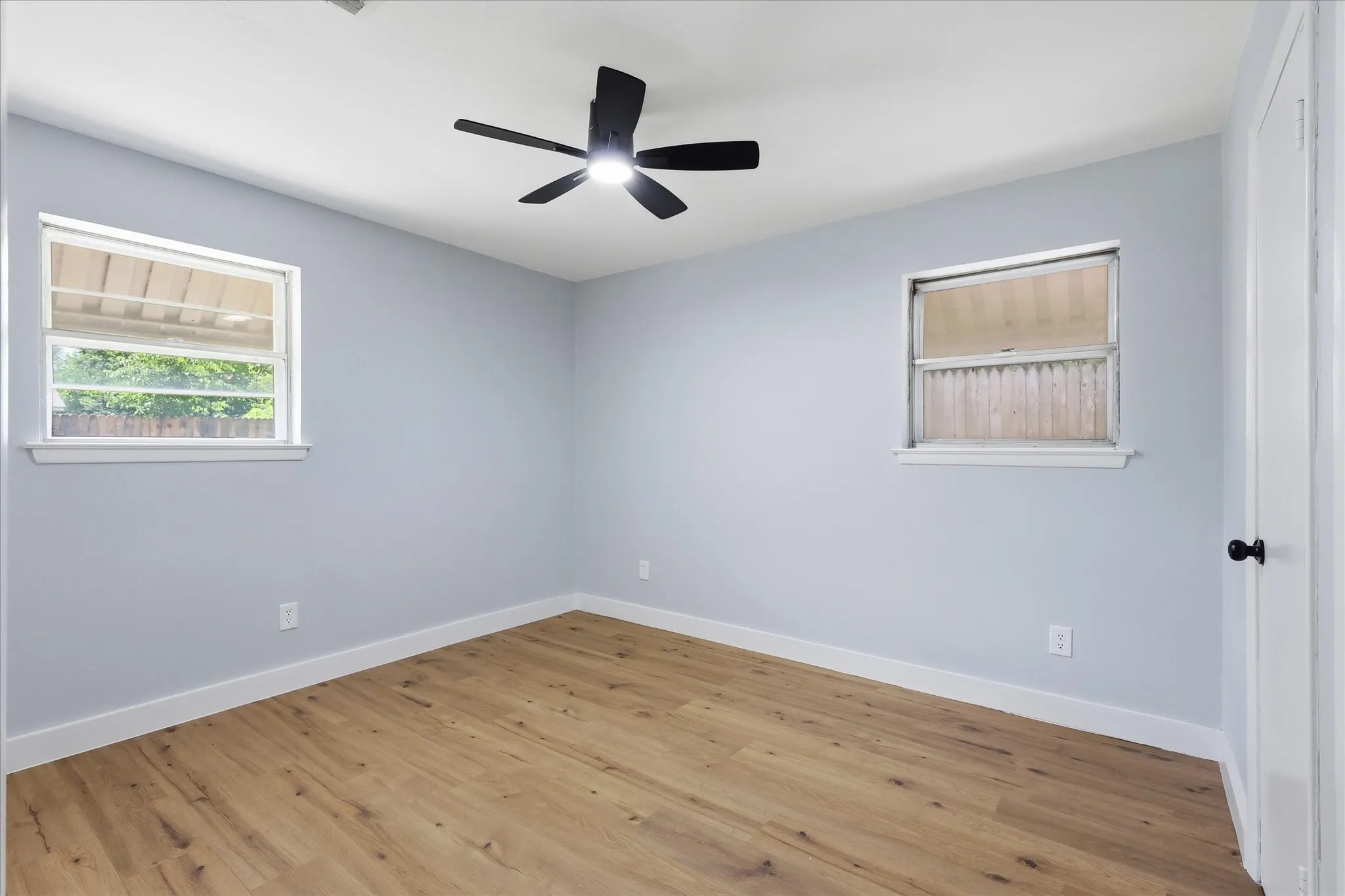 Light blue walls featuring wood-finish flooring, white baseboards, and a contemporary black ceiling fan