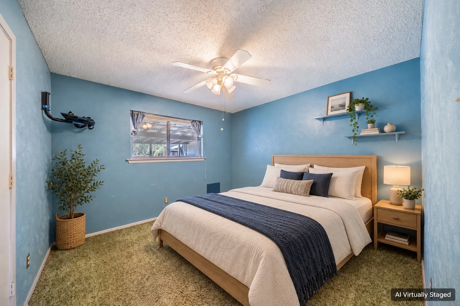 Window offering natural light, textured wall finish, and overhead ceiling fan