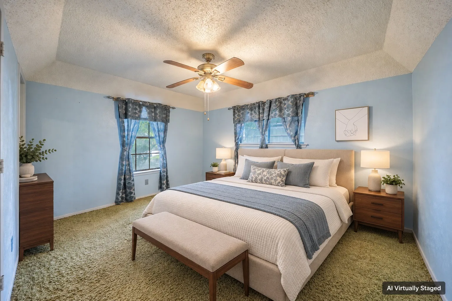 Recessed ceiling with a central fan light fixture