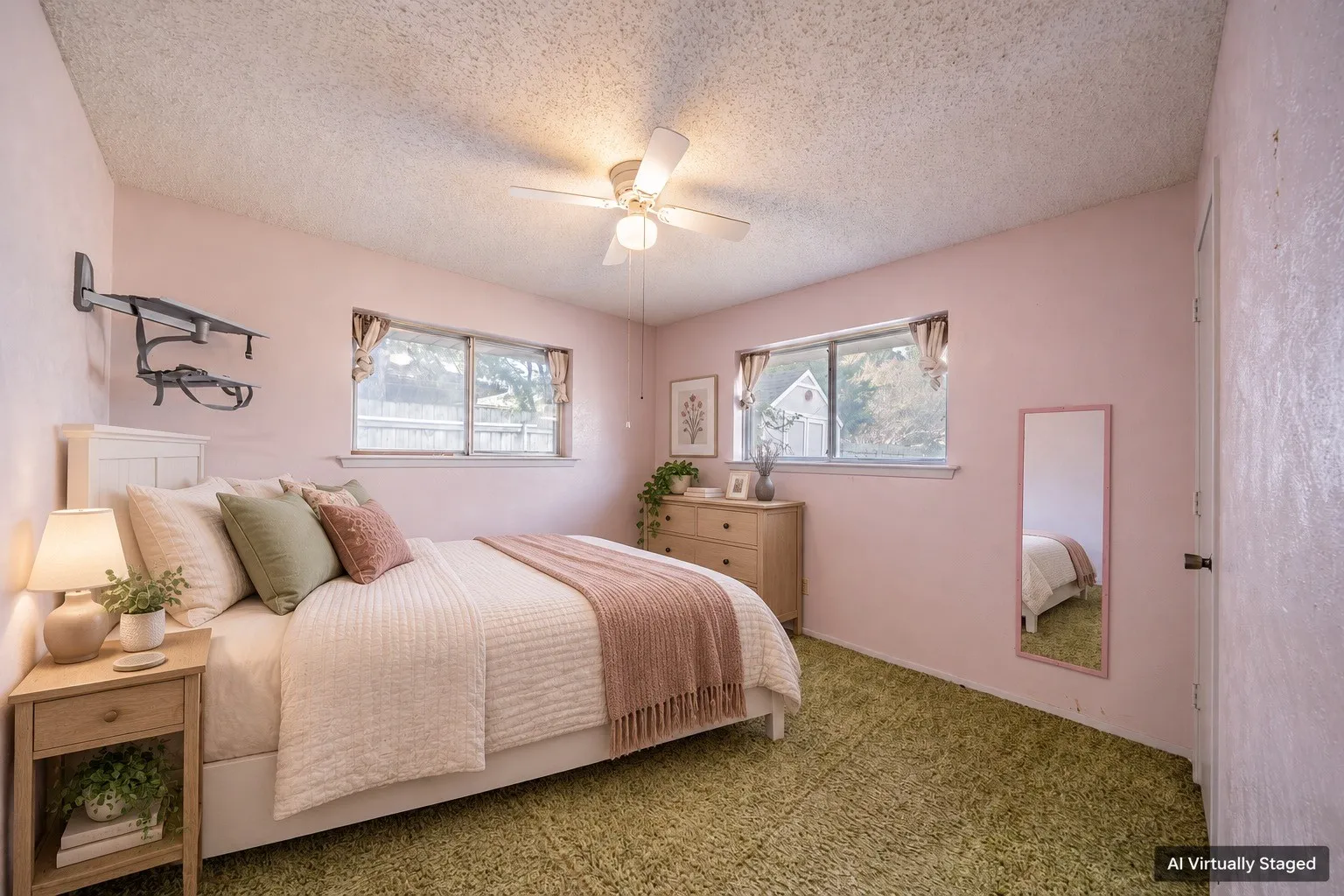 Two windows providing natural illumination, ceiling fan with integrated lighting, textured ceiling, and a paneled door