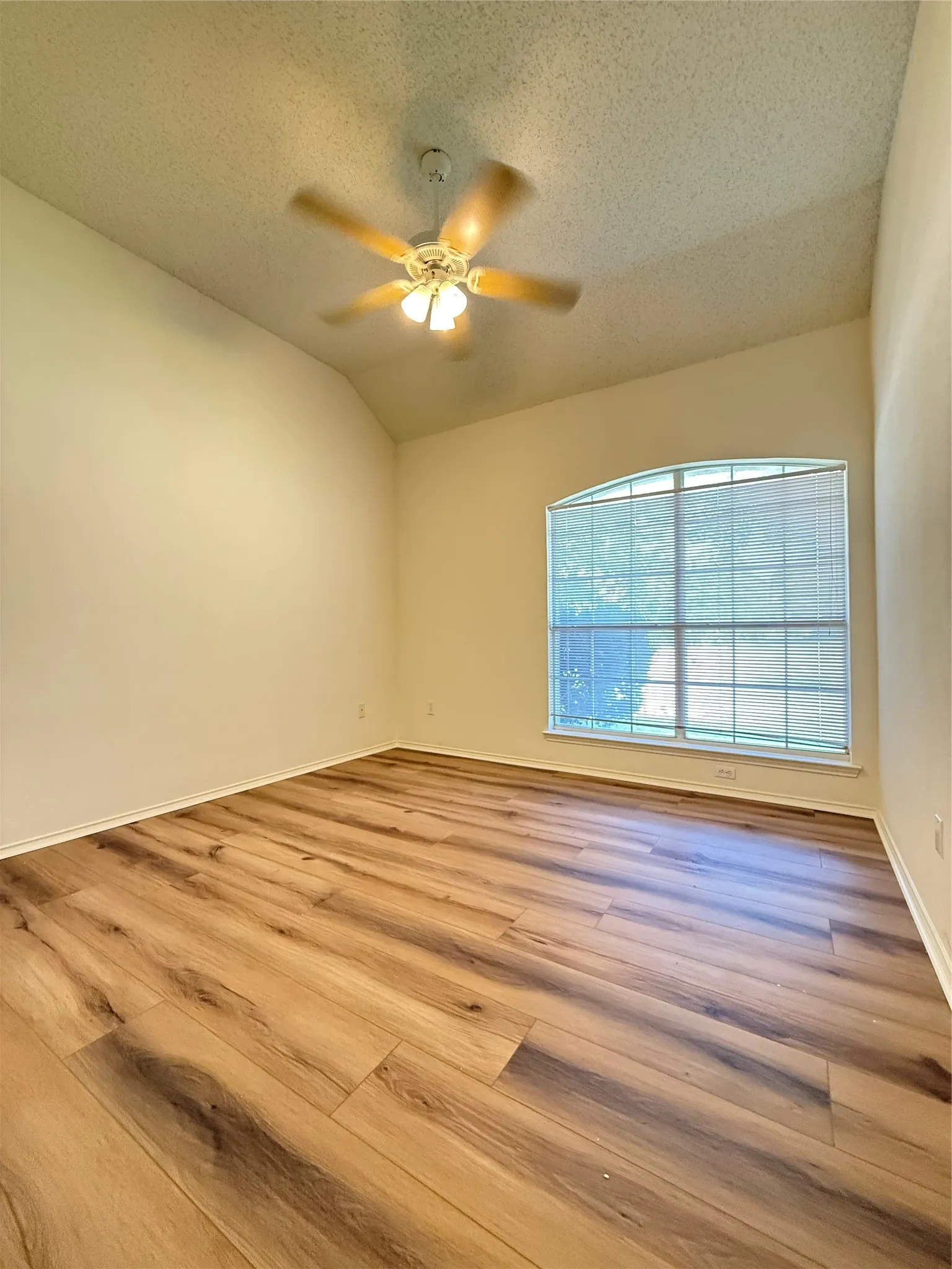Vaulted ceiling, wood-finish flooring, arched window, ceiling fan with light kit, and natural light