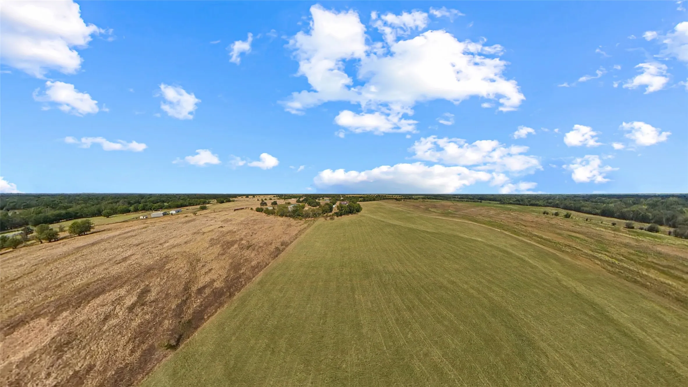 Expansive open fields featuring a mix of cultivated and uncultivated land, surrounded by a distant tree line