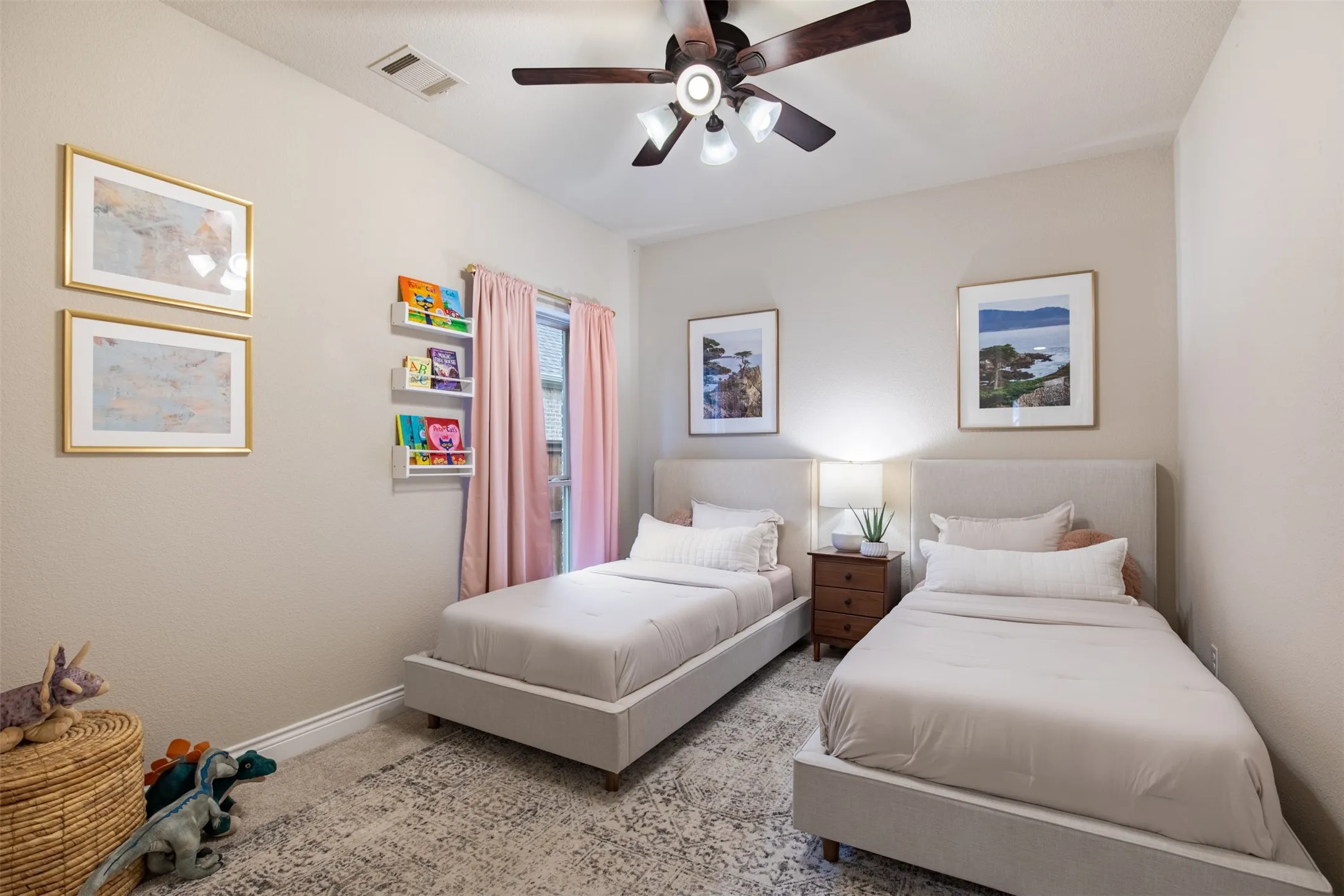 Recessed lighting, ceiling fan with light fixture, window with curtains, wall-mounted shelving, and wood-finish nightstand