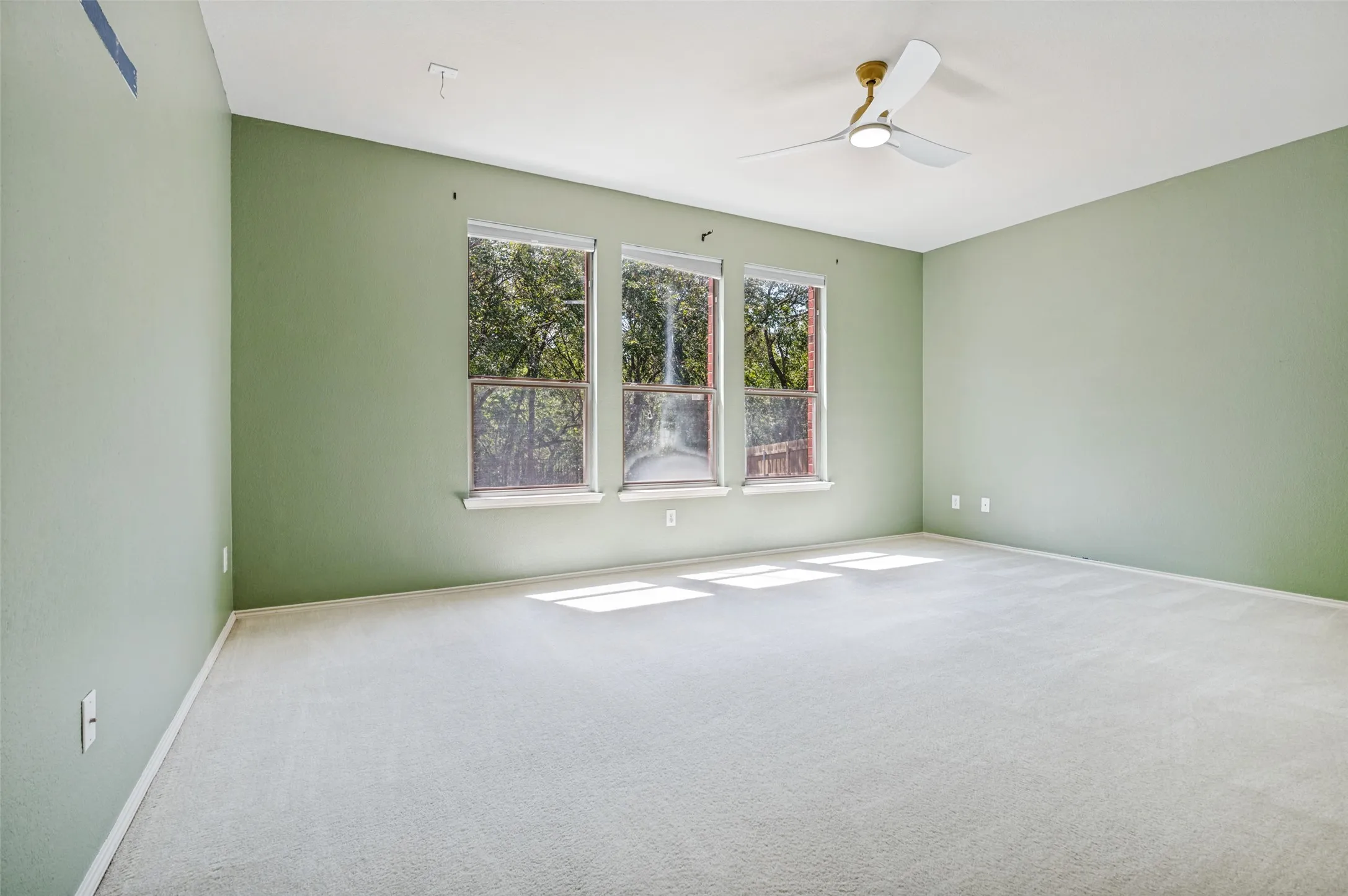 Spacious room featuring multiple windows, light green wall paint, white trim, and a ceiling fan with integrated lighting