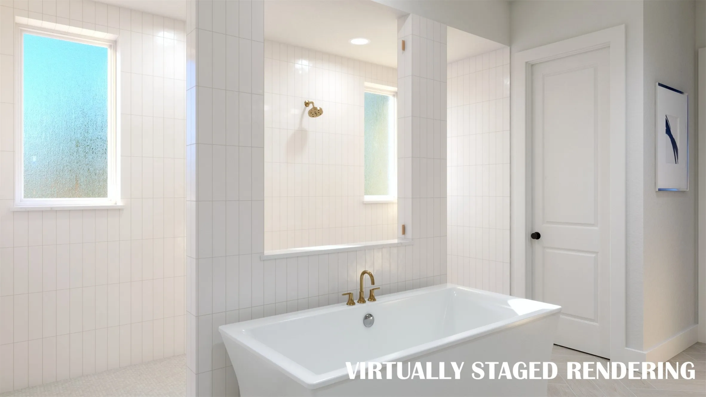 Our Ashland III plan features our signature owner's bath with walk through double shower and freestanding tub creating a spa like experience every day.  VIRTUALLY STAGED RENDERING