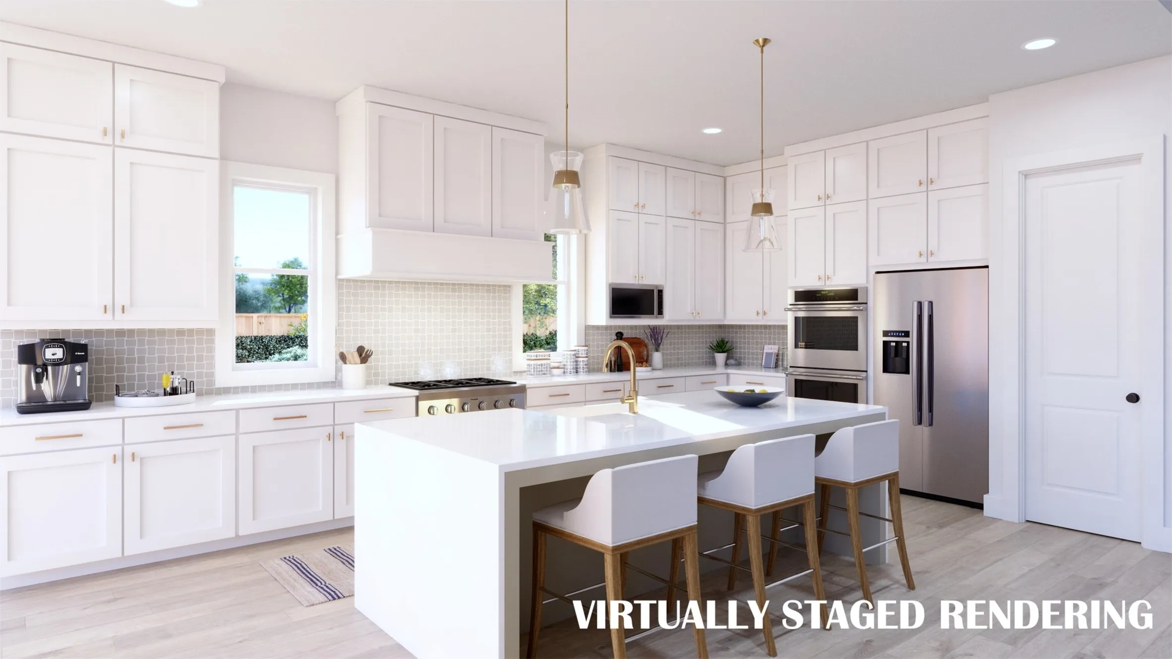 No shortage of style, prep or storage space in this chef's dream kitchen!  VIRTUALLY STAGED RENDERING