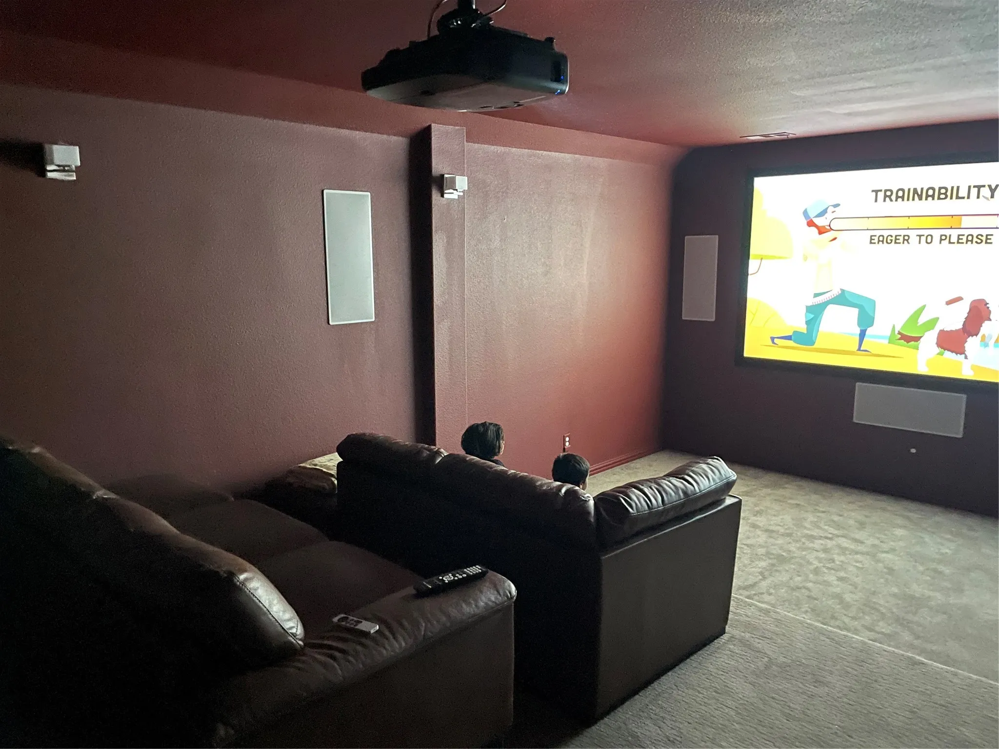 Dedicated entertainment room featuring a large projection screen, ceiling-mounted projector, wall-mounted speakers, and recessed lighting