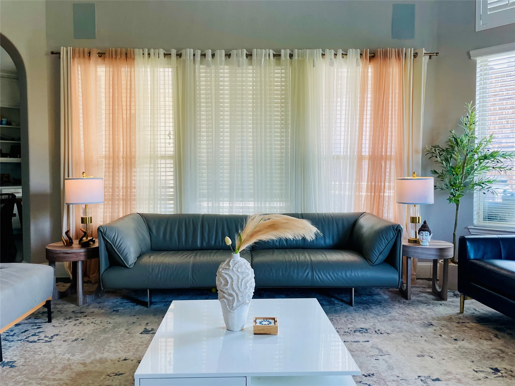 Window wall with blinds and sheer draperies