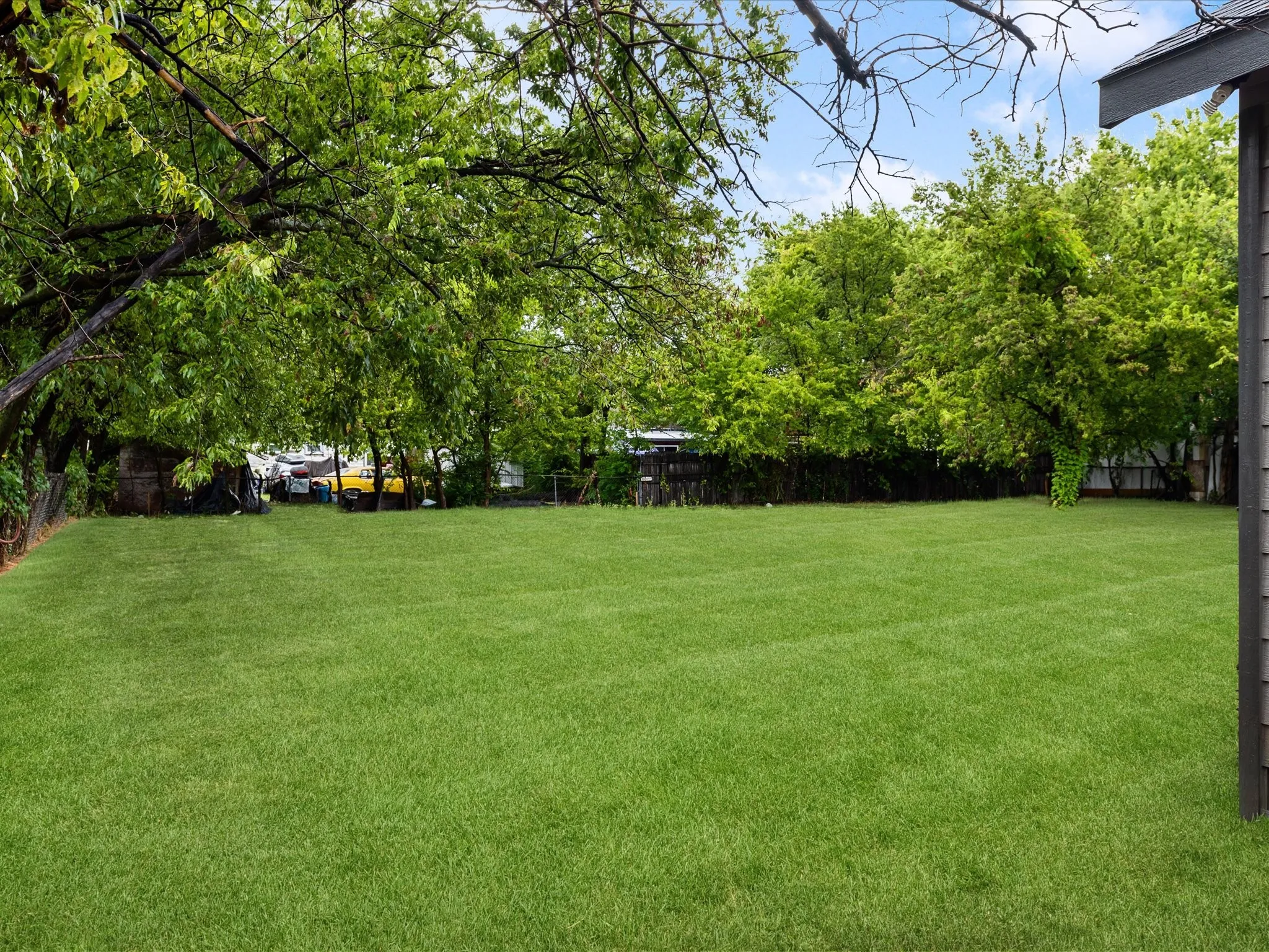Expansive grassy yard with mature trees
