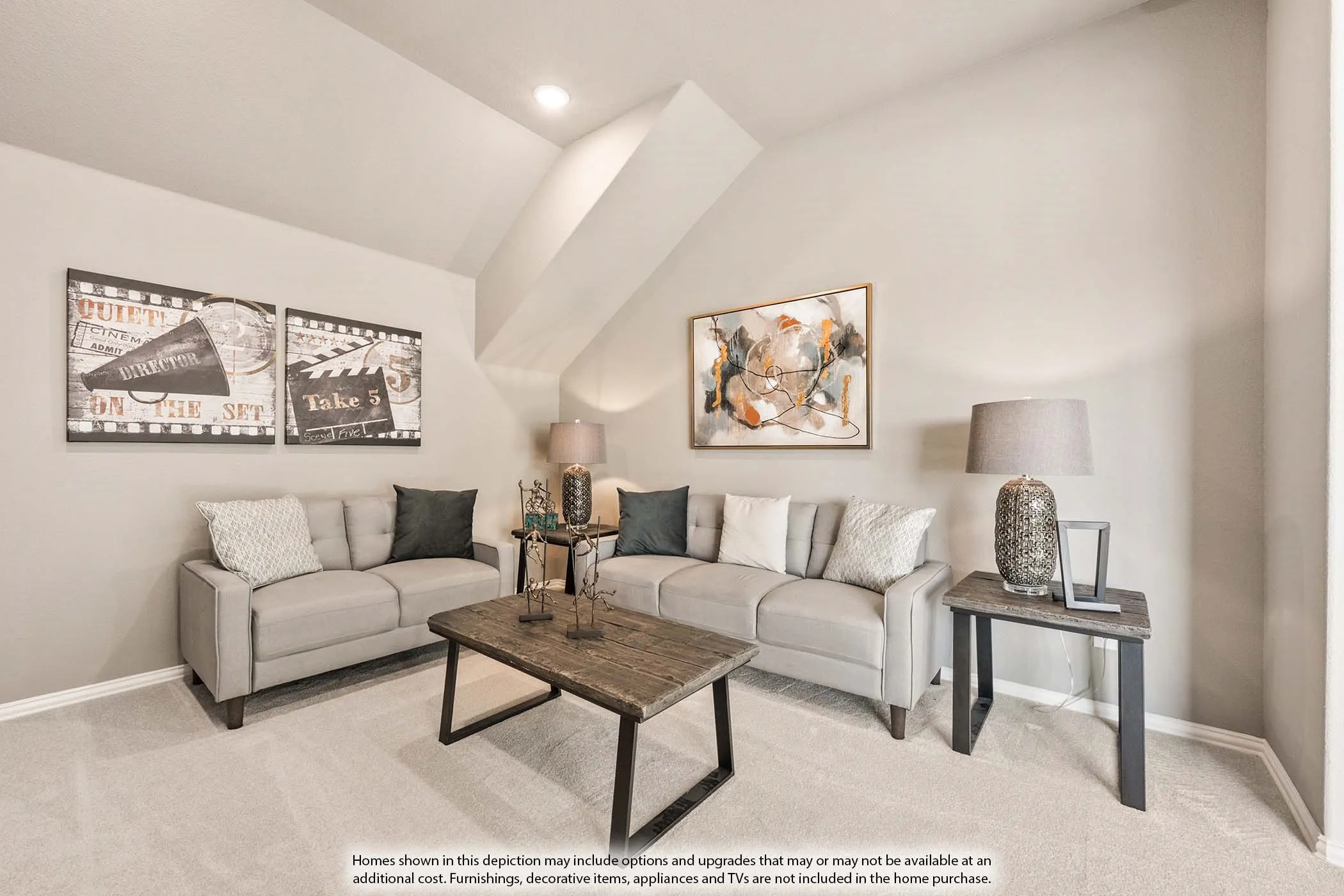 Carpeted flooring, vaulted ceiling, recessed lighting, and neutral wall tones