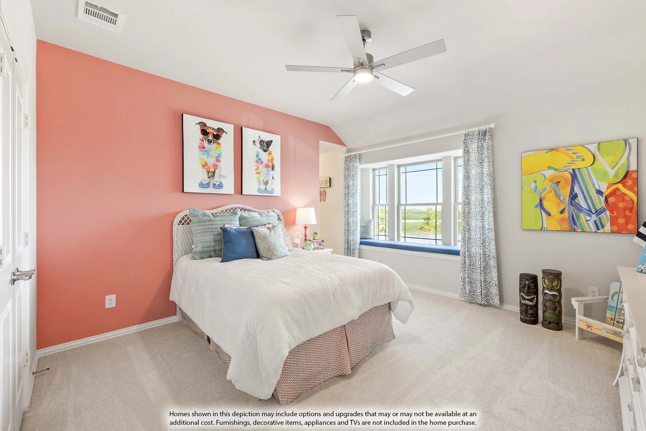 Bay window with a built-in seating area, ceiling fan with integrated lighting, and neutral carpeting