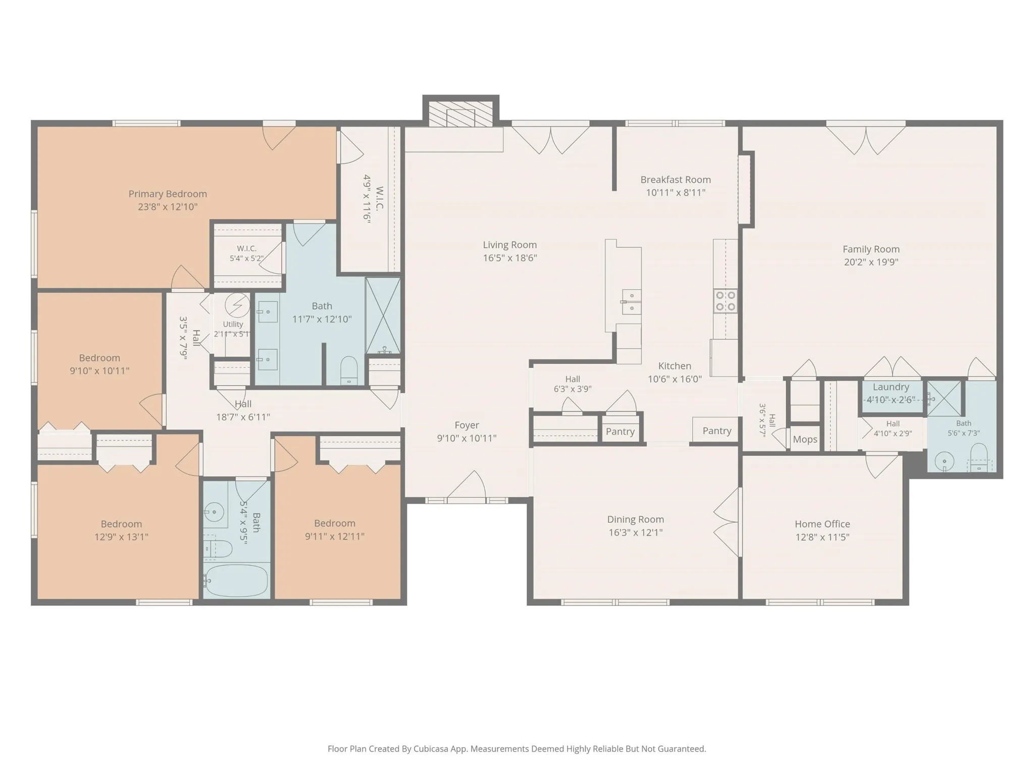 Floorplan illustrates four bedrooms, three baths, three distinct living areas and exceptional flexibility.