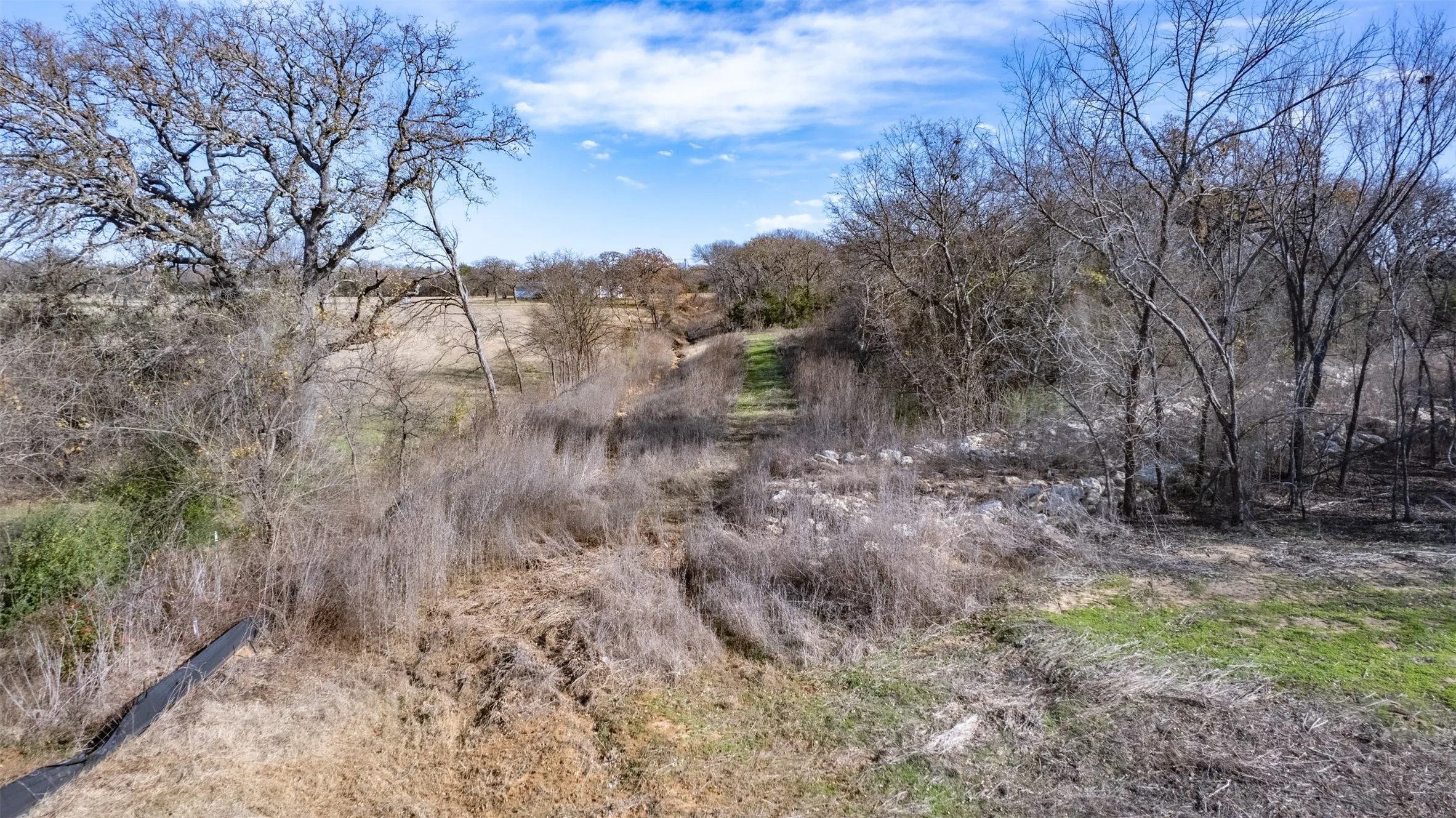 Expansive natural terrain featuring mature trees, wooded areas, and open grassy patches