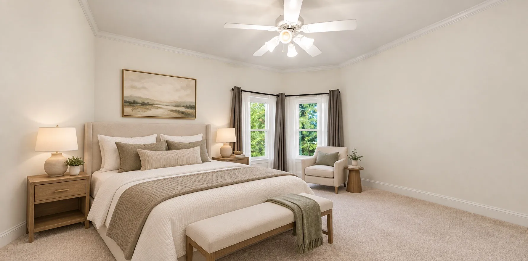 Light-toned wall finishes, crown molding, and carpeted flooring Ai staged