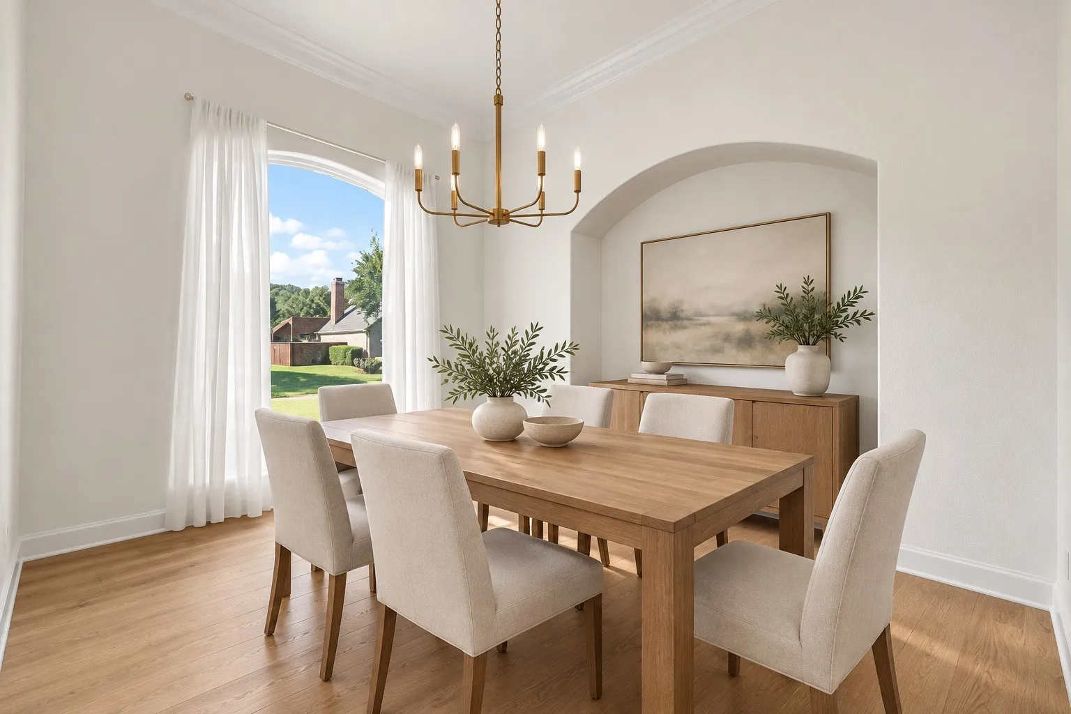 Arched window, wood-finish flooring, recessed wall niche, crown molding, and a modern chandelier AI staged