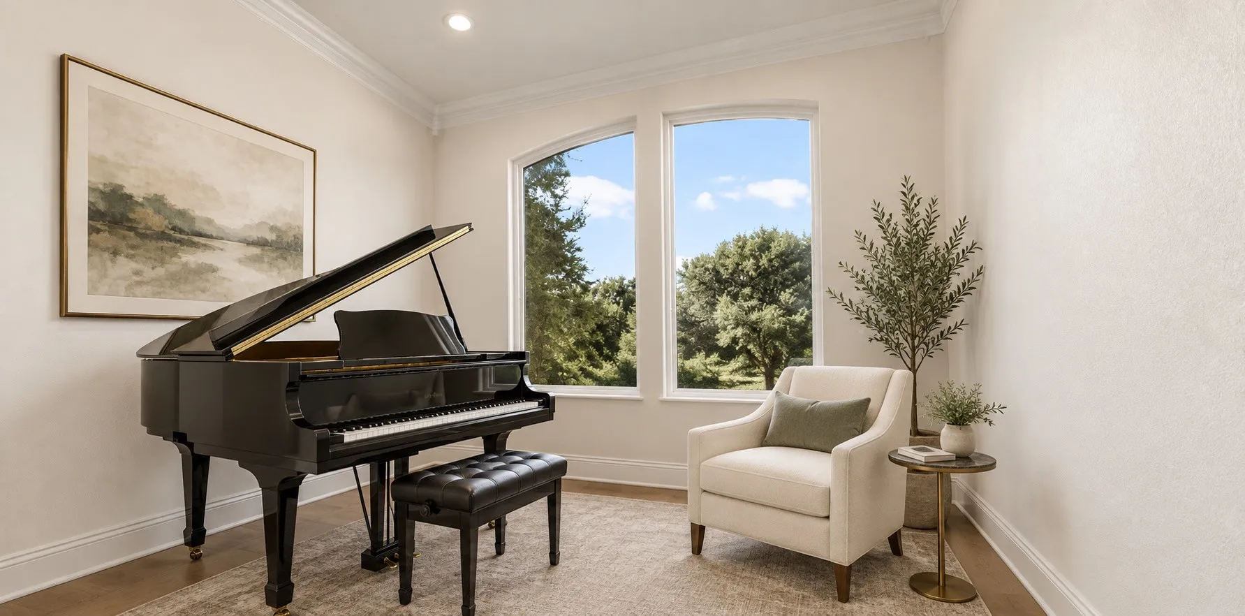 Recessed lighting, crown molding, wood-finish flooring, and arched windows AI staged