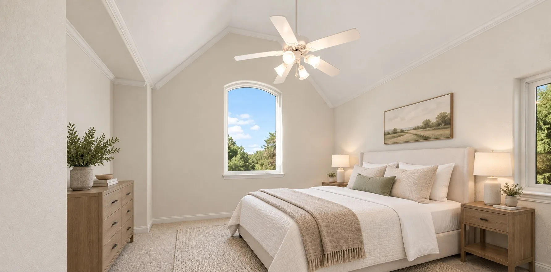 Vaulted ceiling featuring a ceiling fan, arched window, and neutral carpeting Ai staged