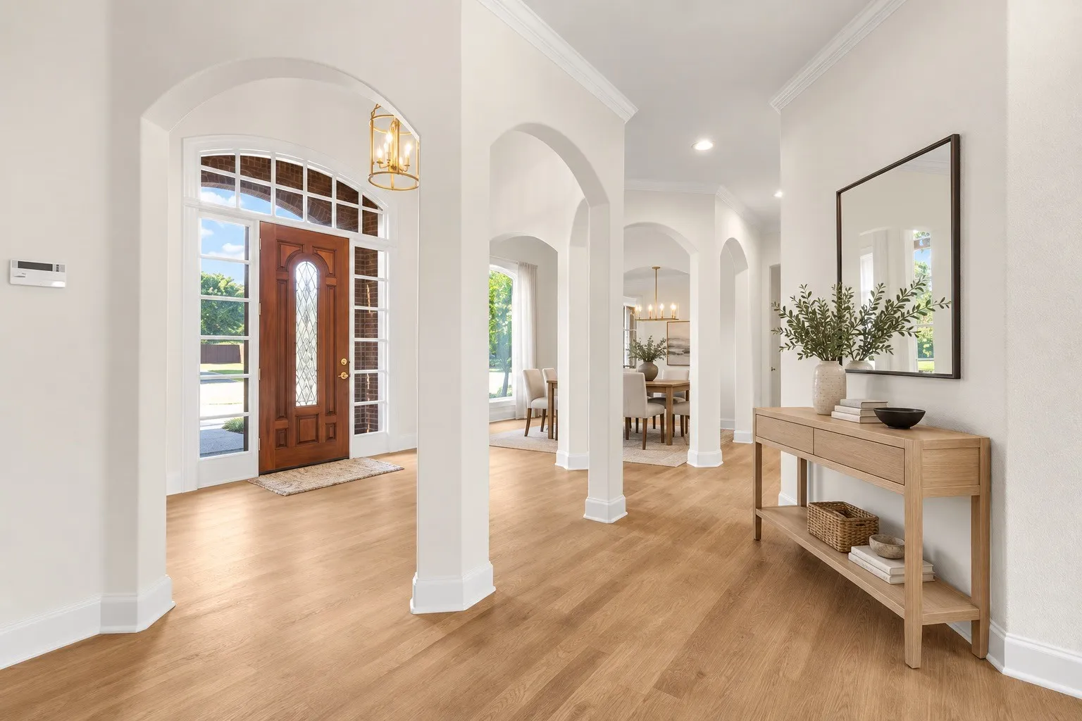 Grand entry with wood-finish flooring, a paneled wood door with decorative glass, and a transom window AI staged