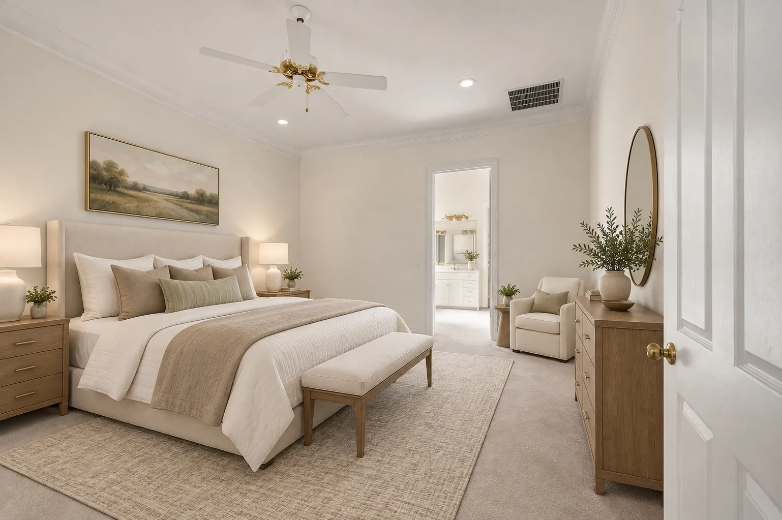 Recessed lighting, crown molding, ceiling fan with brushed gold accents, plush carpeting, and a panel door with brass hardware AI stage