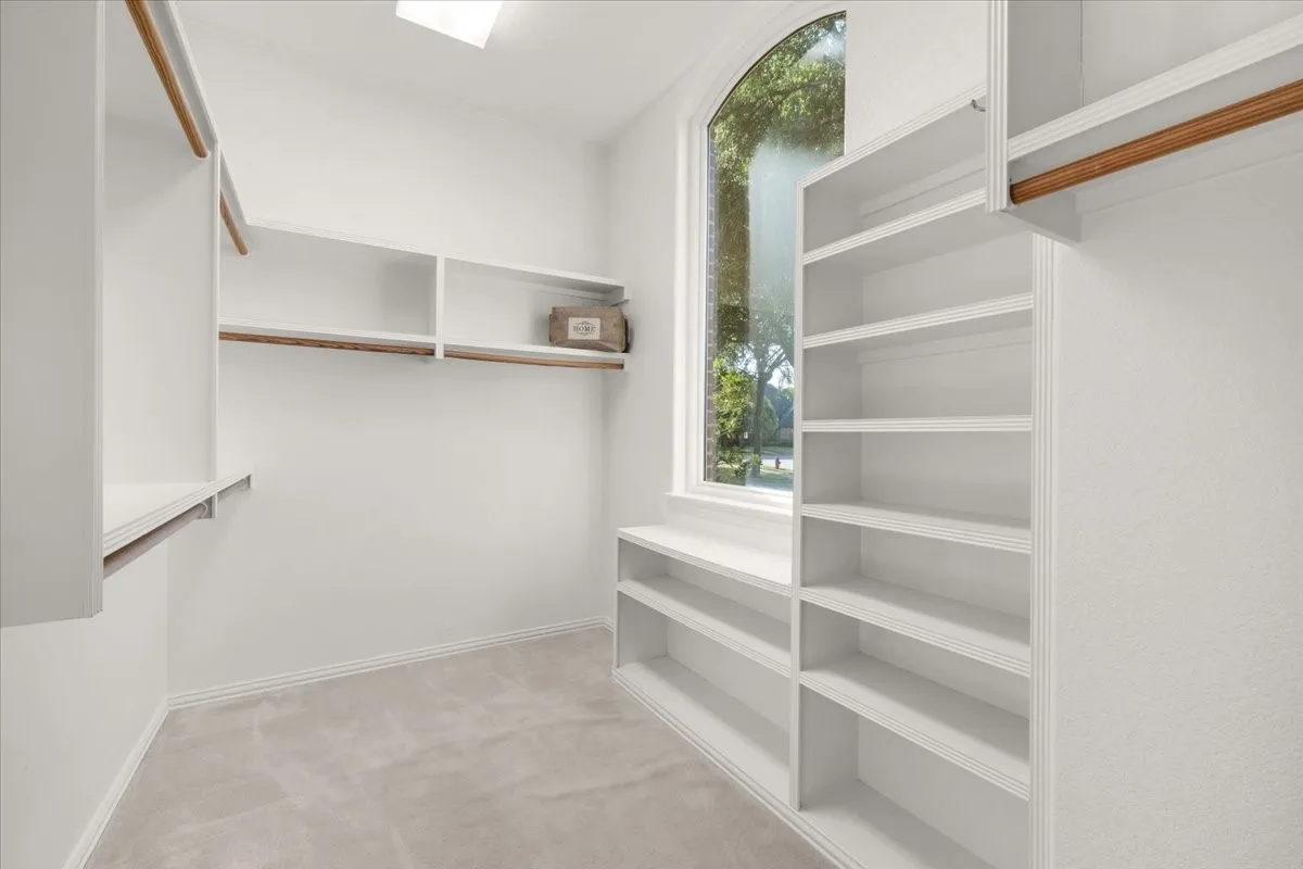 Built-in shelving, arched window, carpet flooring, wooden closet rods, and a skylight
