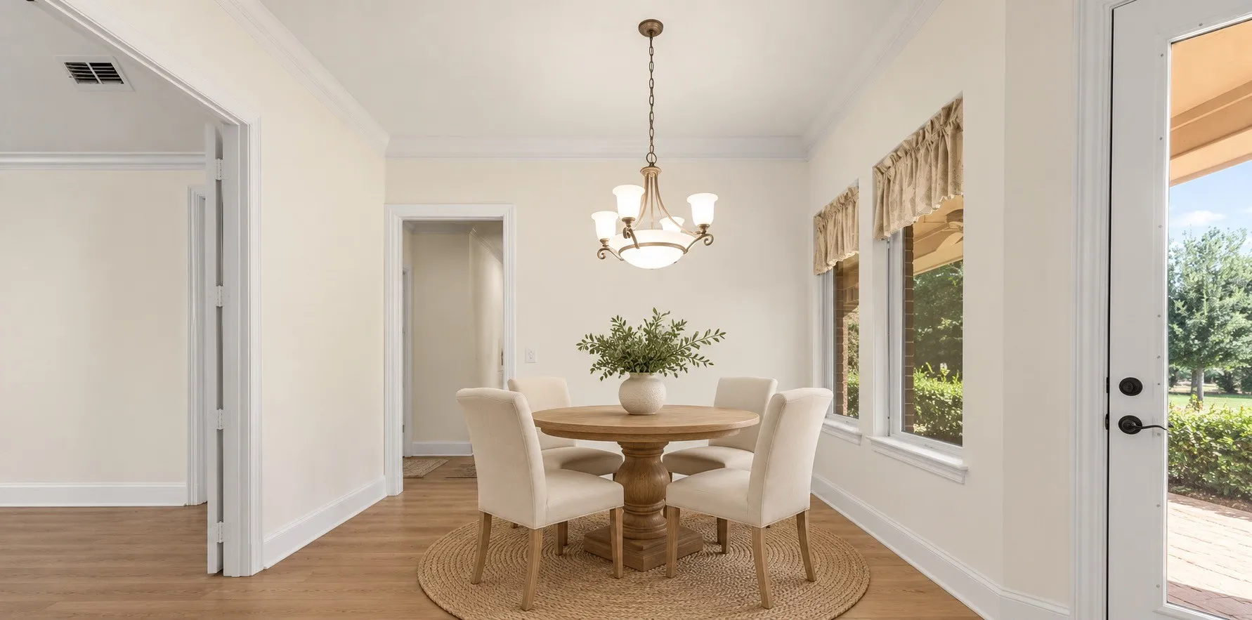 Dining area with wood-finish flooring, multiple windows, a ceiling-mounted light fixture, and a glass-paneled door leading to an outdoor space AI staged