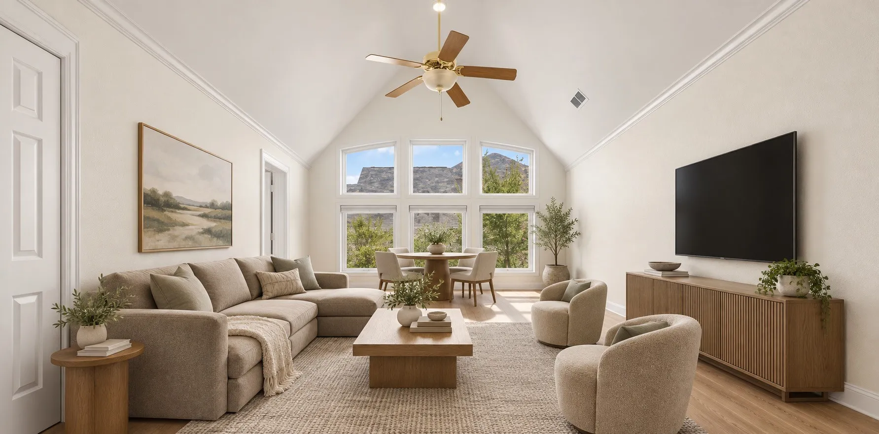 Vaulted ceiling with a ceiling fan, wall-mounted television, wood-finish flooring, and a window wall Ai staged