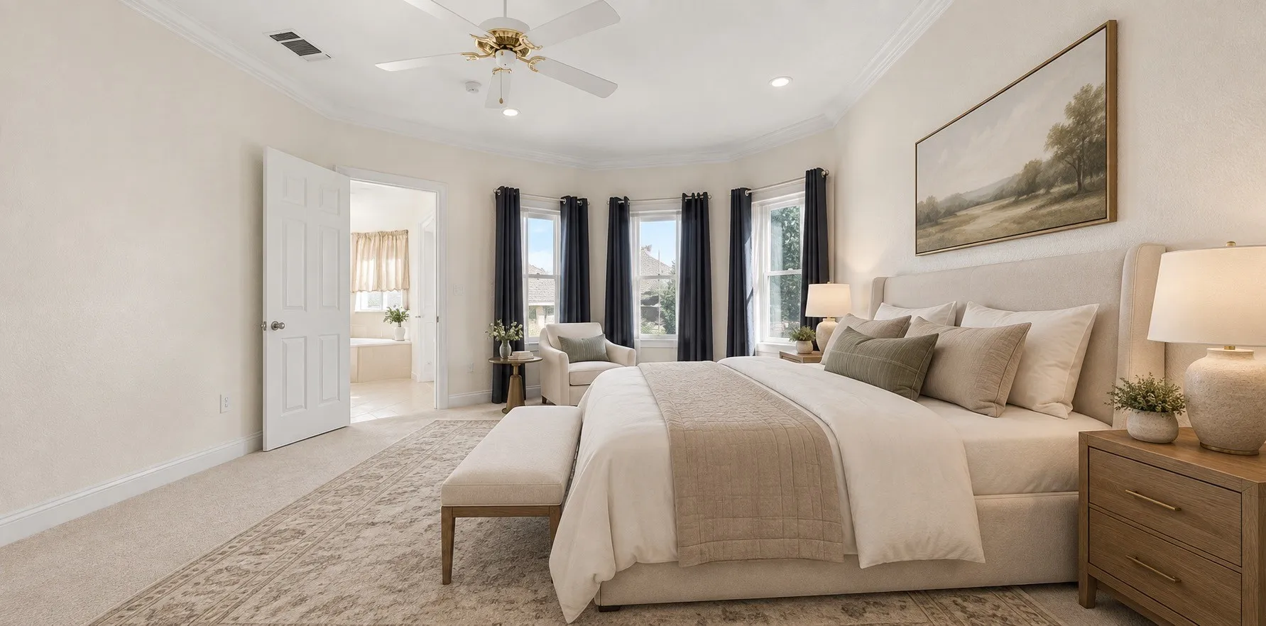 Recessed lighting, ceiling fan, and carpeted flooring AI staged