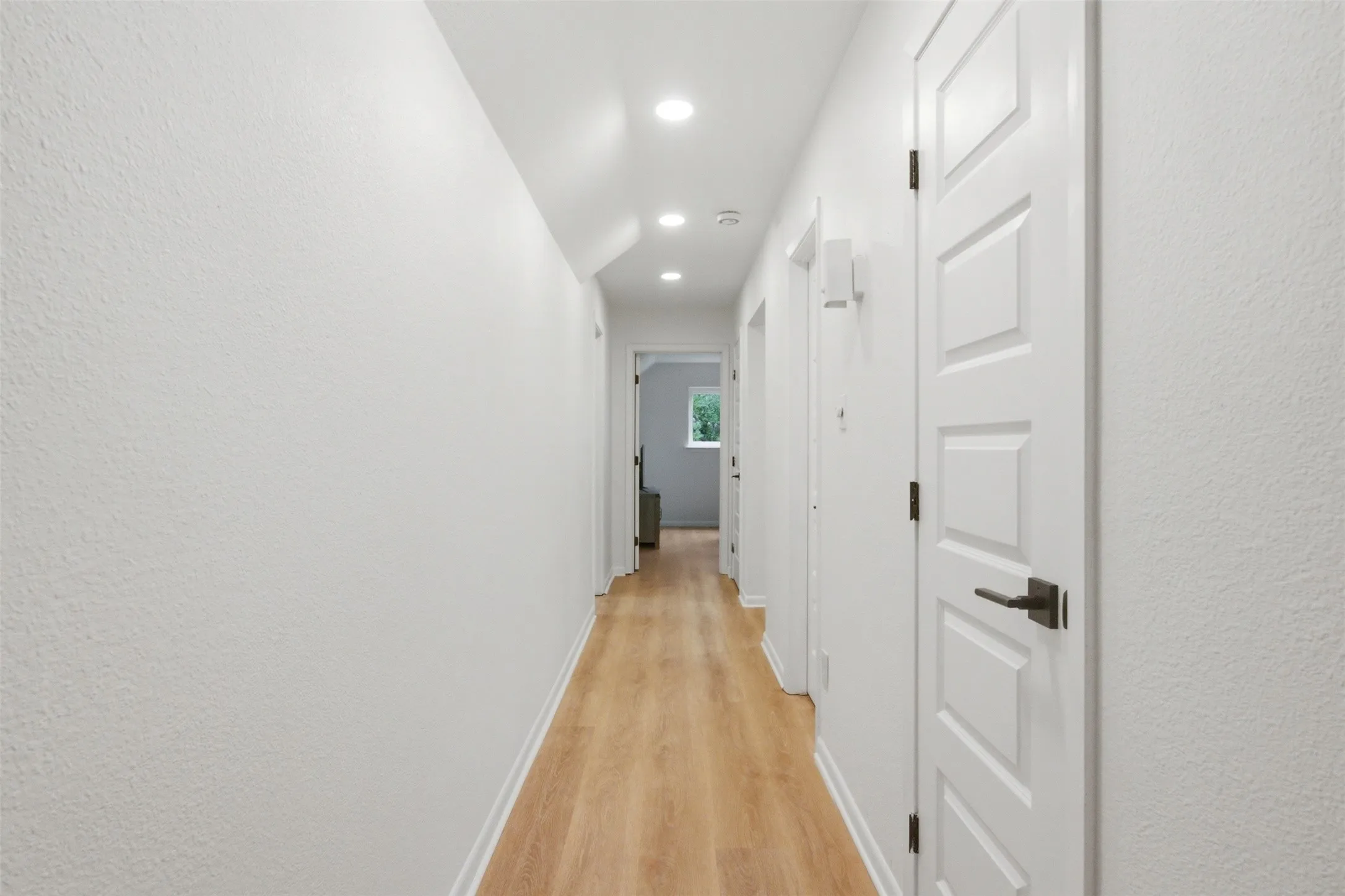 Hallway featuring wood-finish flooring, recessed lighting, and white paneled doors with dark hardware